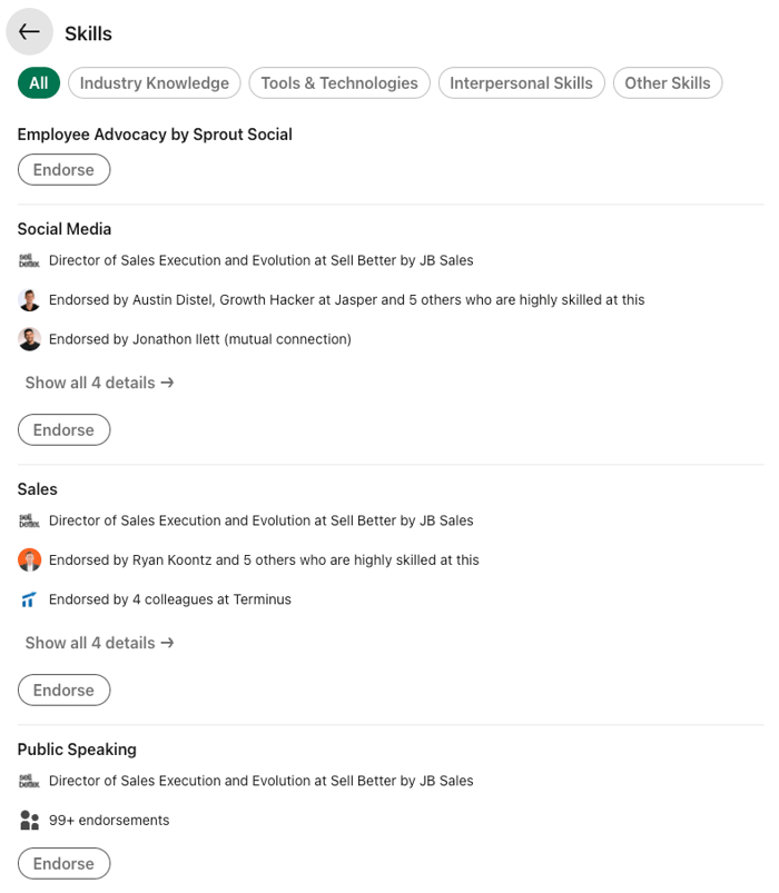 Screenshot of endorsements on LinkedIn